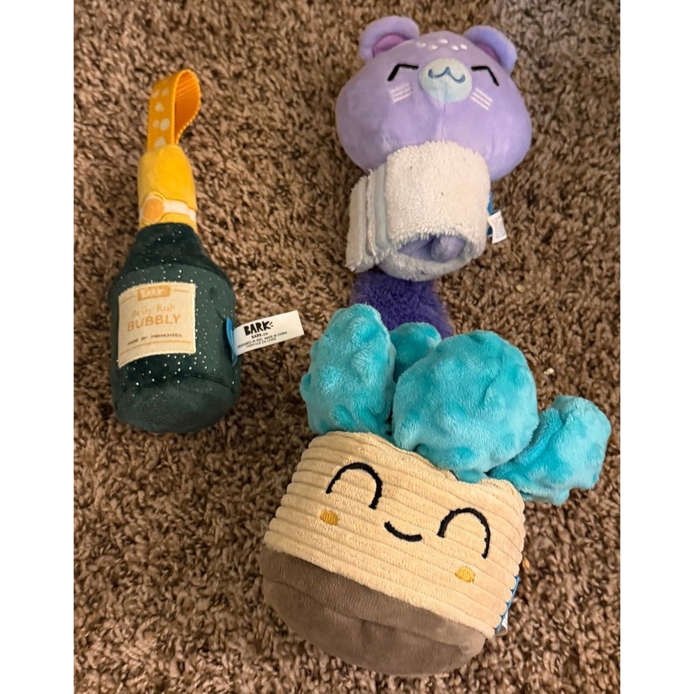 Bark Box- Belly Rubby Bubbly- Relax and Chinchilla, & Squeakulent -Dog Toys